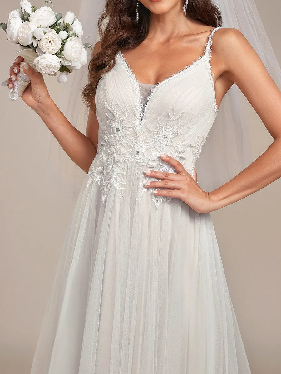 Tulle Floral Spaghetti Strap Illusion V-Neck A-Line Wedding Dress