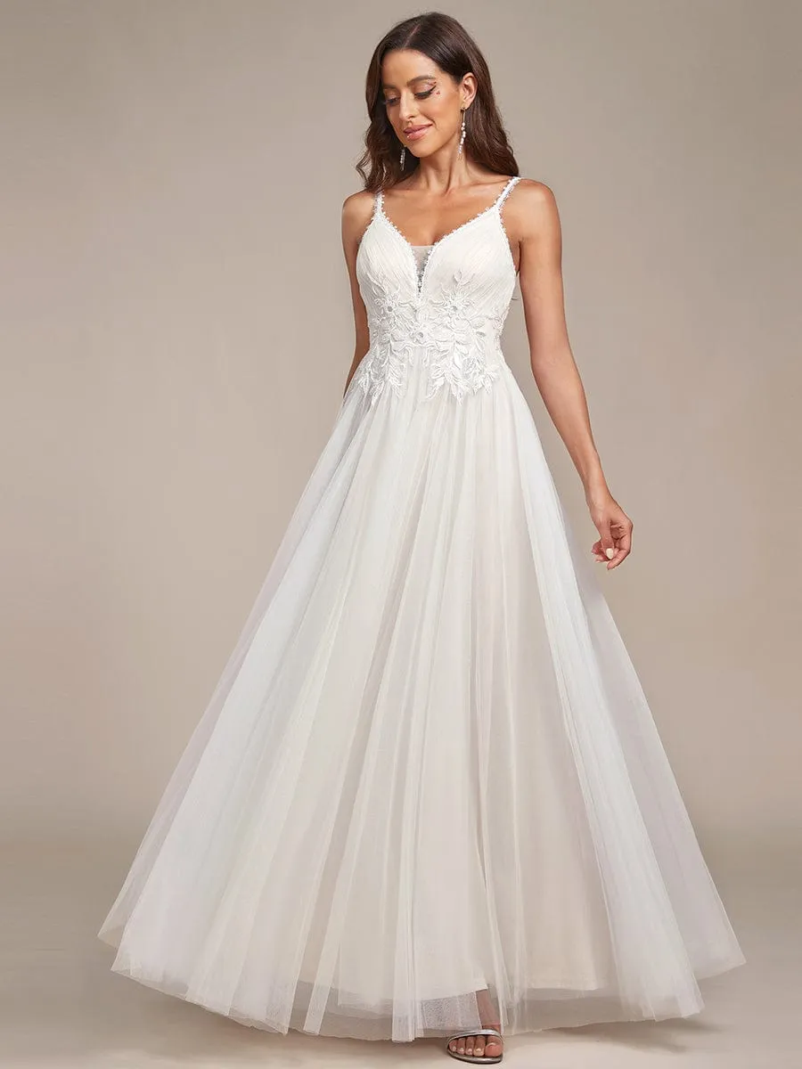 Tulle Floral Spaghetti Strap Illusion V-Neck A-Line Wedding Dress