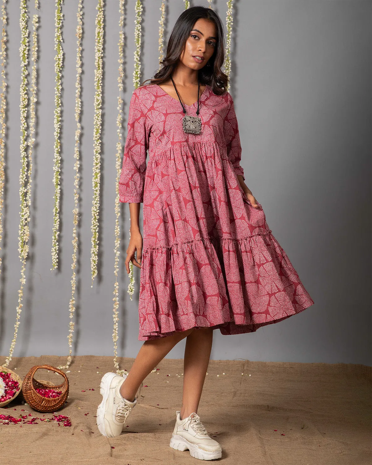 V neck Pink ajrak Print Graduated Dress