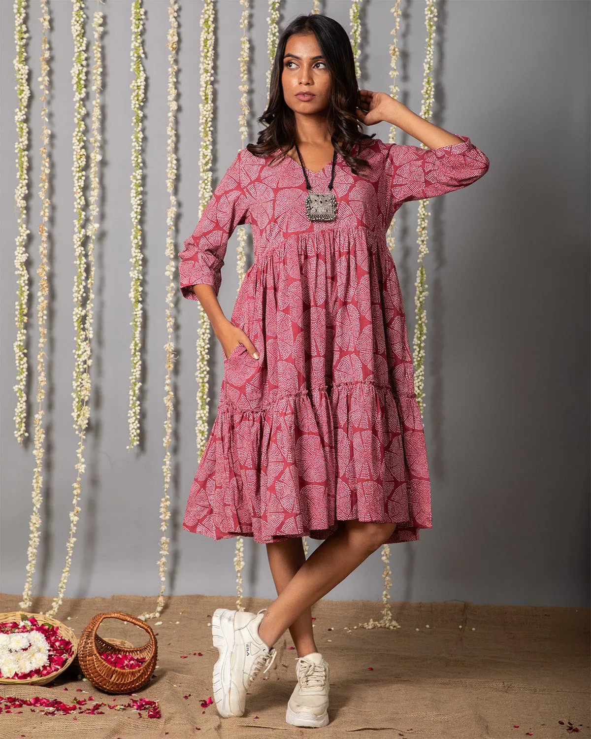 V neck Pink ajrak Print Graduated Dress