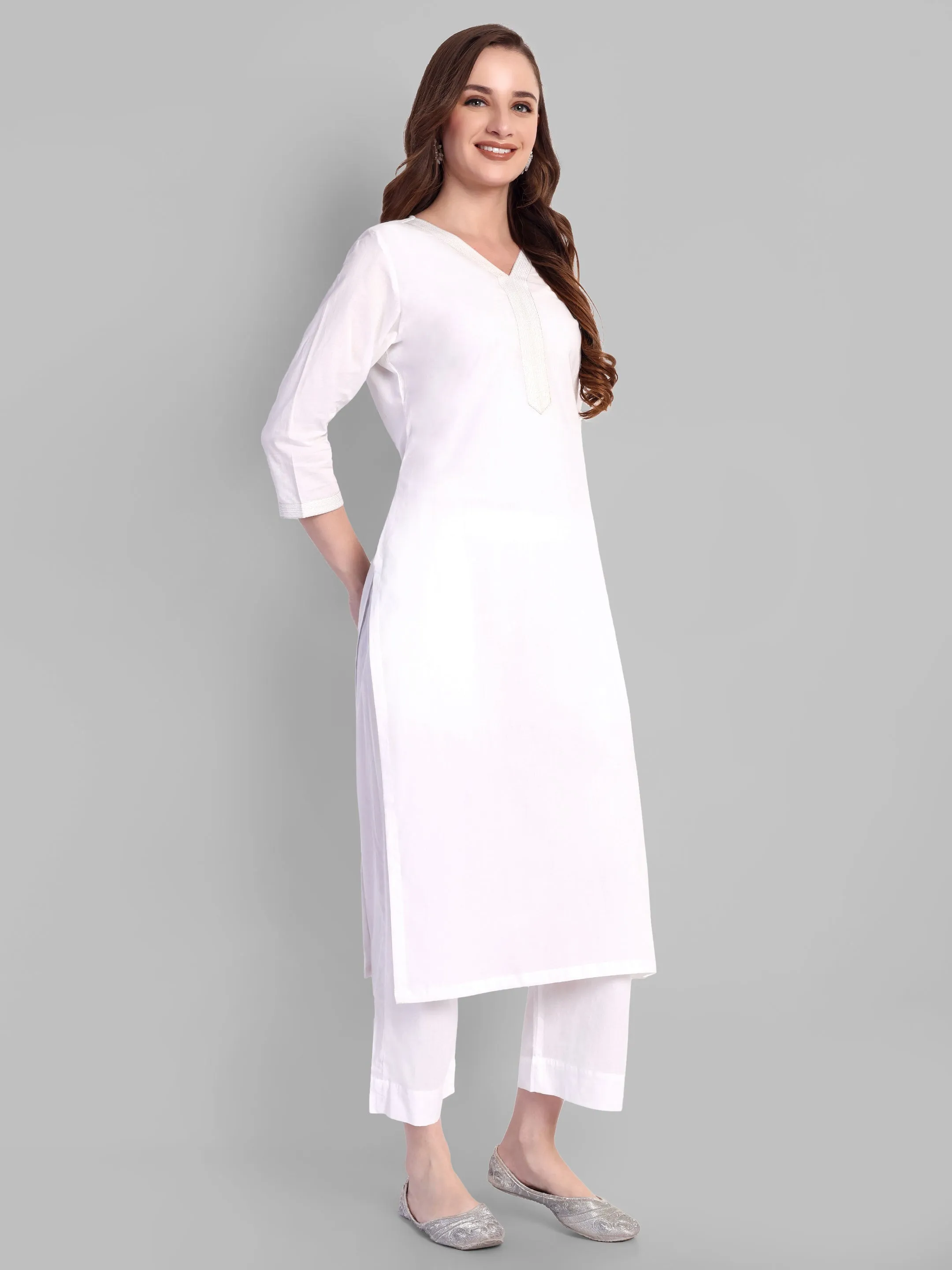 White Embroidery Kurta and pant - Set of 2