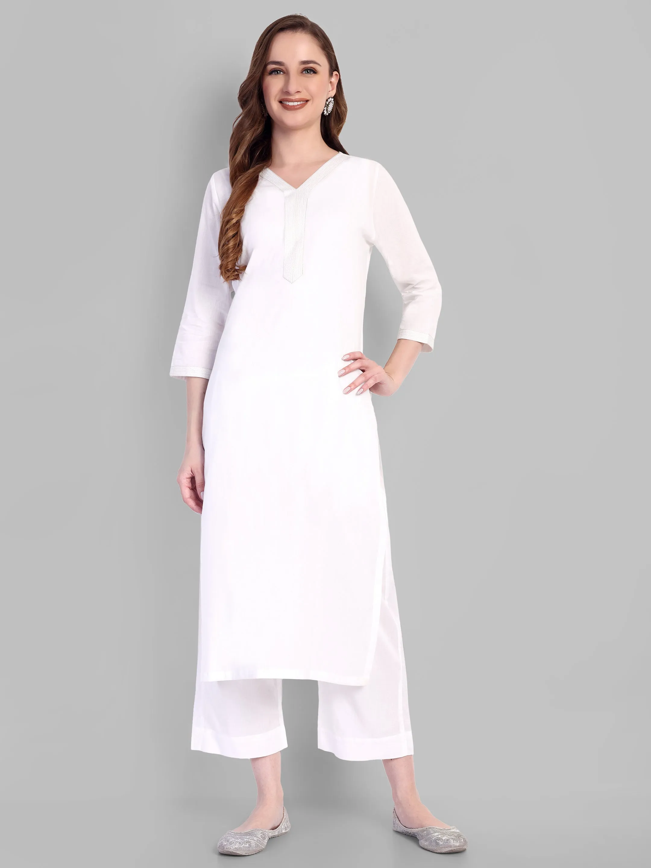 White Embroidery Kurta and pant - Set of 2