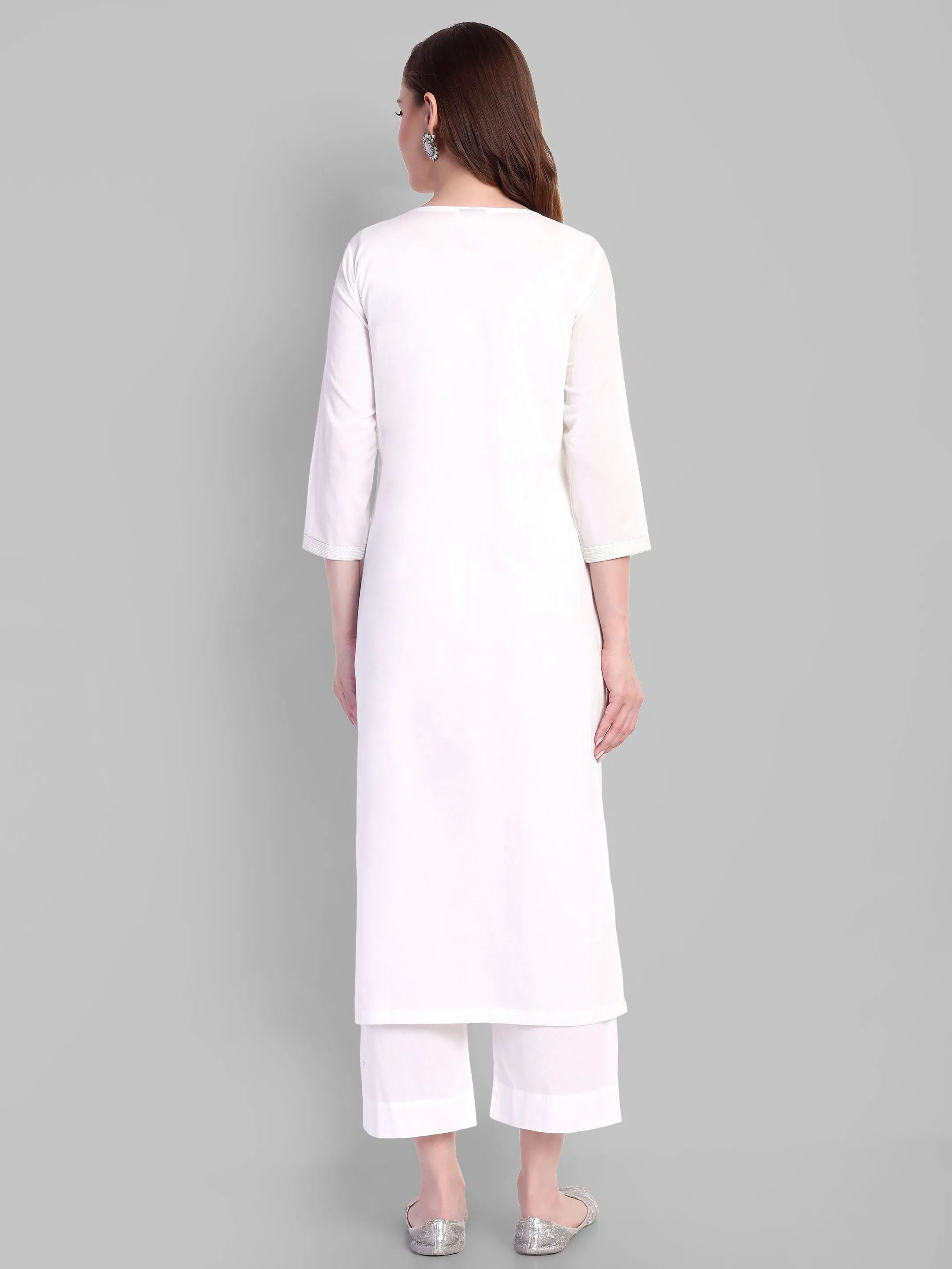 White Embroidery Kurta and pant - Set of 2